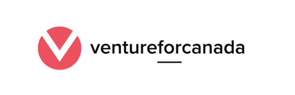Venture For Canada logo, Venture for Canada is written in black text to the right of a red circle with a V cut out of it.