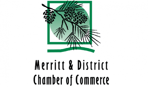 The logo of the chamber of commerce features a green square with a green circle inside. Overlaid on top is a drawing of a pine tree branch and pinecones.