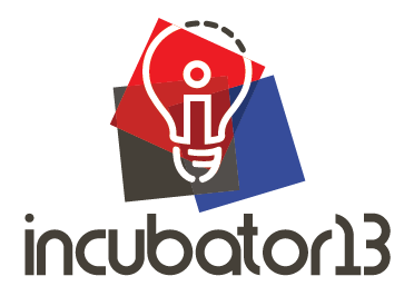 Incubator 13 logo for the RRCRC. It features a light bulb on the background of red, blue, and black squares.
